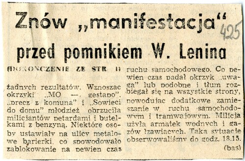 <i>Znów „manifestacja” przed pomnikiem W. Lenina</i> (z prasy, cz. 2 artykułu). Z zasobu IPN