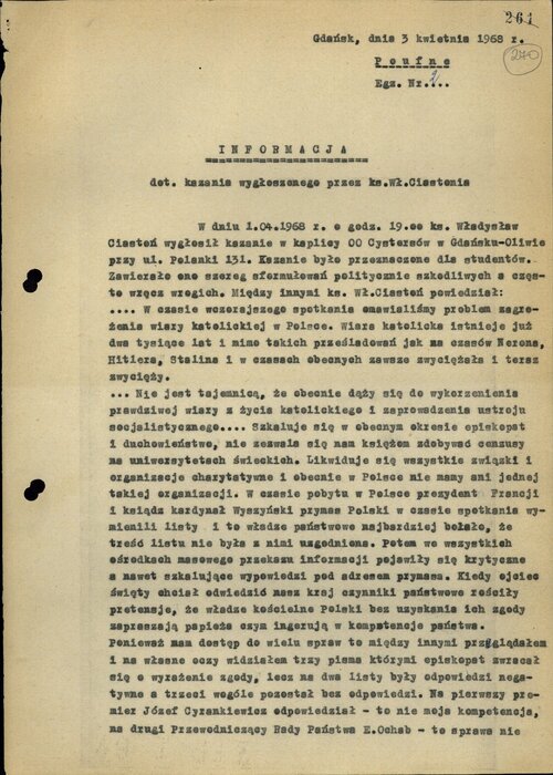 Dokument SB z 1968 r. na temat jednego z wygłoszonych przez ks. W. Ciastonia kazań (s. 1). Z zasobu IPN