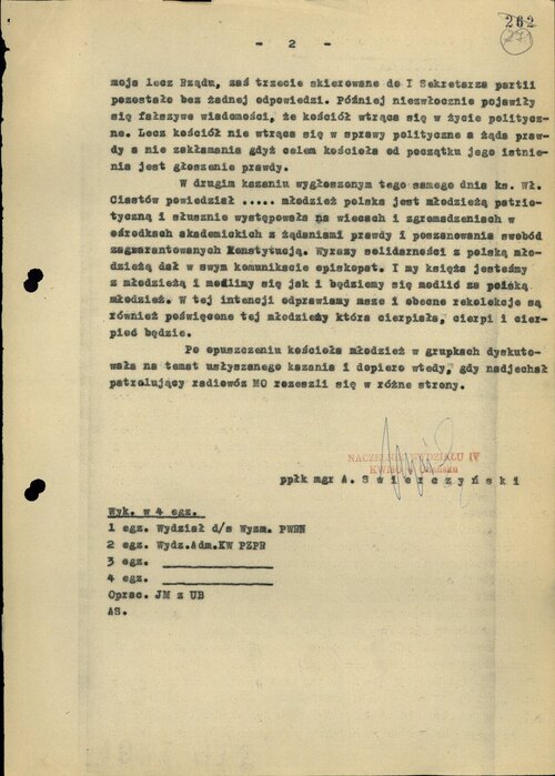 Dokument SB z 1968 r. na temat jednego z wygłoszonych przez ks. W. Ciastonia kazań (s. 2). Z zasobu IPN
