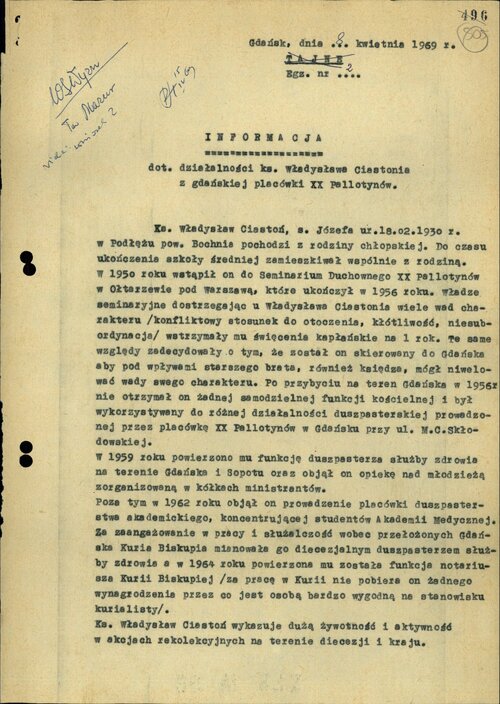Informacja SB z 1969 r. na temat działalności ks. W. Ciastonia (s. 1). Z zasobu IPN