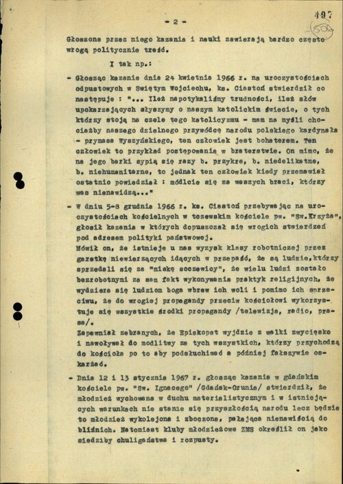 Informacja SB z 1969 r. na temat działalności ks. W. Ciastonia (s. 2). Z zasobu IPN