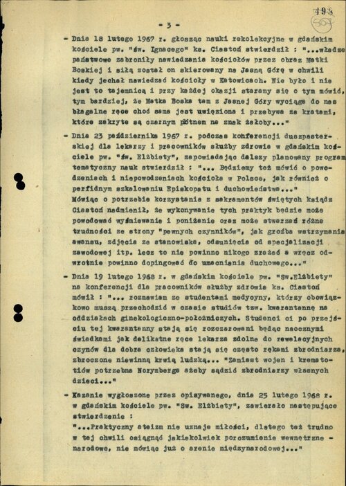 Informacja SB z 1969 r. na temat działalności ks. W. Ciastonia (s. 3). Z zasobu IPN