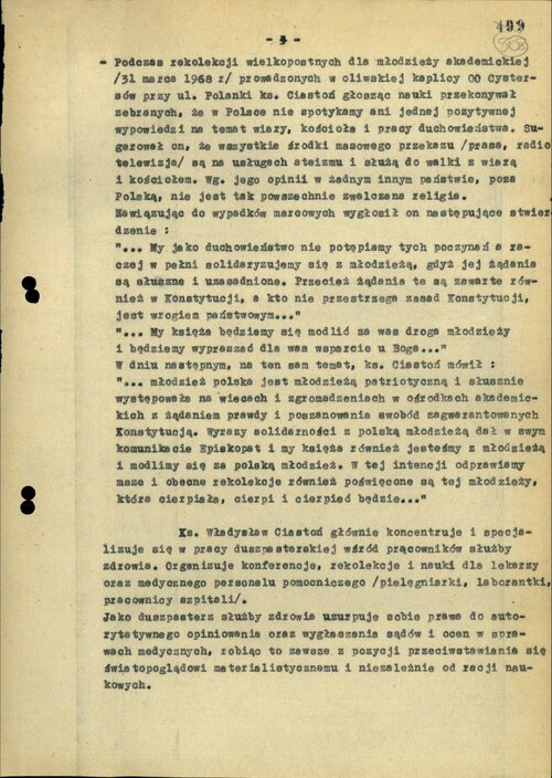 Informacja SB z 1969 r. na temat działalności ks. W. Ciastonia (s. 4). Z zasobu IPN