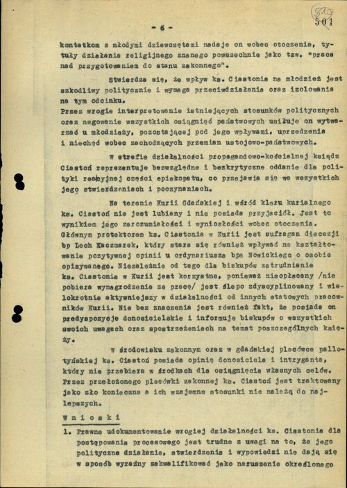 Informacja SB z 1969 r. na temat działalności ks. W. Ciastonia (s. 6). Z zasobu IPN