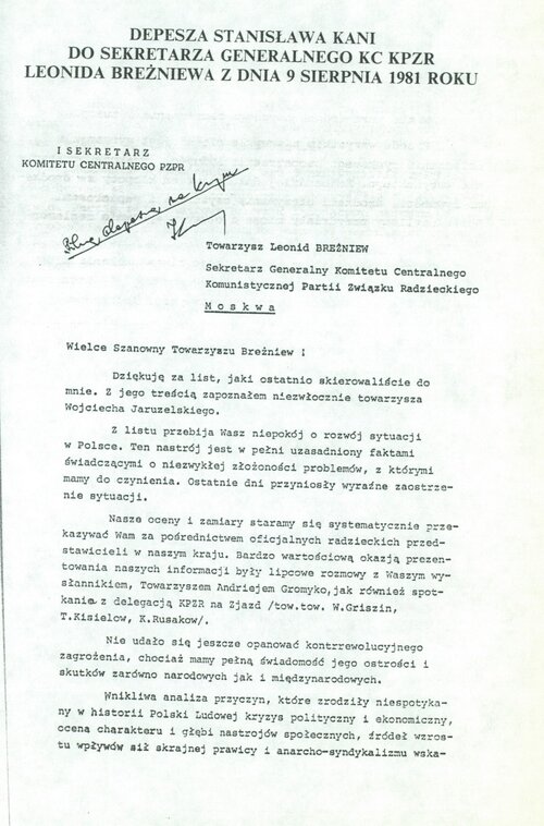 Obszerna depesza Kani do Breżniewa z 9 sierpnia 1981 roku (strona pierwsza).