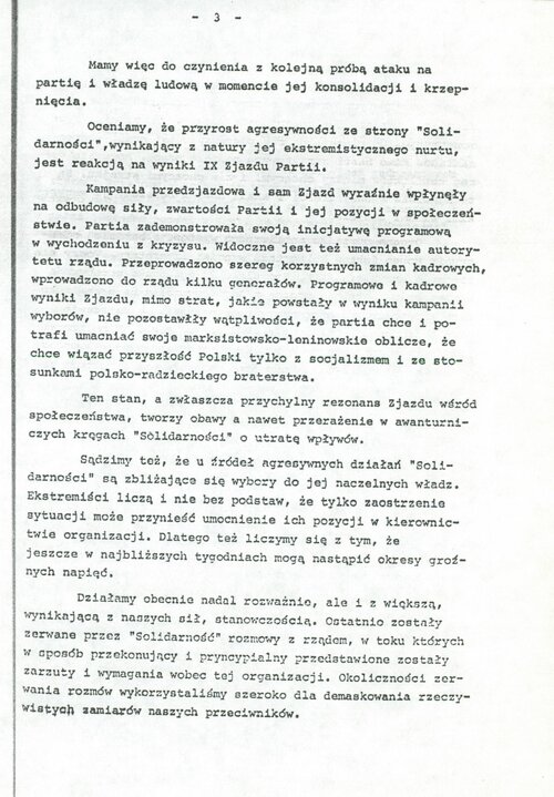 Obszerna depesza Kani do Breżniewa z 9 sierpnia 1981 roku (strona trzecia).