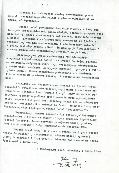 Obszerna depesza Kani do Breżniewa z 9 sierpnia 1981 roku (strona piąta).