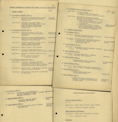 Program centralnych obchodów "Dni morza" w 1970 r. w Szczecinie. Dokumentacja dotycząca zabezpieczenia imprez organizowanych w 1970 r. Fot. AIPN