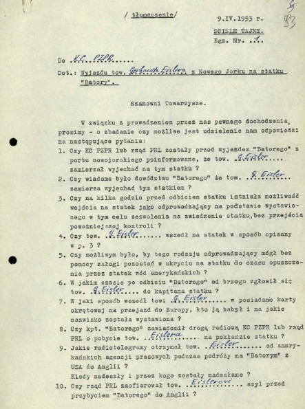 ...oraz ich tłumaczenie dla towarzyszy sowieckich zatrudnionych w Warszawie, strona pierwsza... Z zasobu IPN