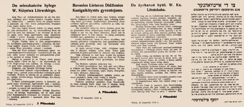 Odezwa Józefa Piłsudskiego do mieszkańców byłego Wielkiego Księstwa Litewskiego w językach polskim i litewskim. 22 kwietnia 1919 r. Fot. NAC