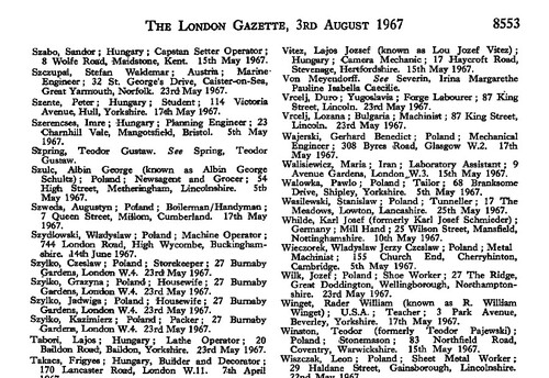 Kopia fragmentu strony numeru <i>The London Gazette</i> z 3 września 1967 r. z listą cudzoziemców naturalizowanych przez władze brytyjskie. Teodor PajewskI odtąd nazywał się Teodor Winston. Ze zbiorów syna Teodora Pajewskiego