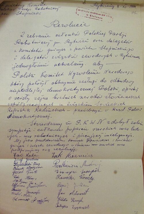 Rezolucja Powiatowego Komitetu PPR w Stopnicy, Rytwiany, 8 grudnia 1944 r. (fot. ze zbiorów Archiwum Państwowego w Kielcach)