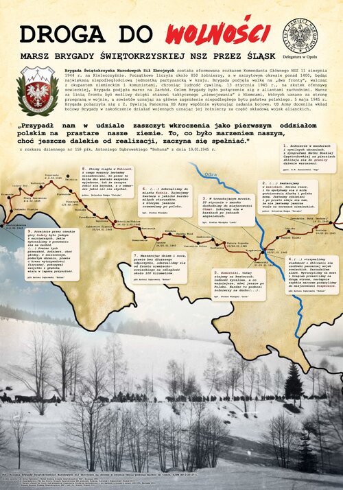 Plansza edukacyjna „Marsz Brygady Świętokrzyskiej NSZ przez Śląsk” - projekt edukacyjny „Droga do Wolności” przygotowany przez Delegaturę IPN w Opolu