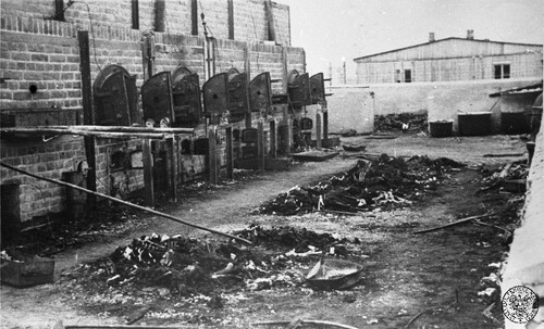 Obóz na Majdanku po oswobodzeniu przez Armię Czerwoną, lipiec 1944. Piece do kremacji i leżące na ziemi szczątki spalonych zwłok. Fot. z zasobu IPN