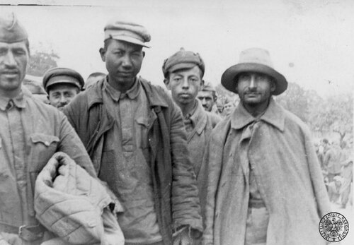 Soviet prisoners at the German camp in Pełkinie (near Jarosławie, Podkarpackie), 1941. Prisoners wear various caps, including: the forage cap, so-called piłotka [side cap] (the first prisoner on the left), the so-called budenovka, officially called a broadcloth helmet (the second prisoner on the right, in the first row), a sun hat (used since spring 1938 by the Soviet soldiers serving in Central Asia, at Caucasus and Crimea). The head wear is missing any USSR markings.