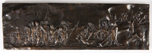 Płaskorzeźba <i>W kopalni sybirskiej</i>, Teofil Aleksander Lenartowicz, 1877. Ze zbiorów cyfrowych Muzeum Narodowego w Krakowie (w oryginale kompozycja stanowi pendant do, także znajdującej się w zbiorach tego Muzeum, pracy <i>Pochód na Sybir</i>)