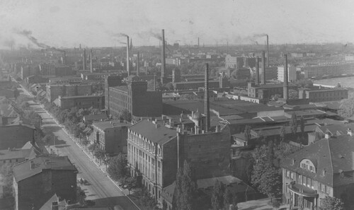 Panorama Łodzi, zdjęcie z czasów Drugiej Rzeczpospolitej. Ze zbiorów Narodowego Archiwum Cyfrowego (autor: Włodzimierz Pfeiffer)