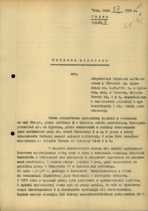 <i>Notatka służbowa</i> policji politycznej PRL na temat Wojciecha Lityńskiego, Łódź, 5 marca 1971 (s. 1). Z zasobu IPN