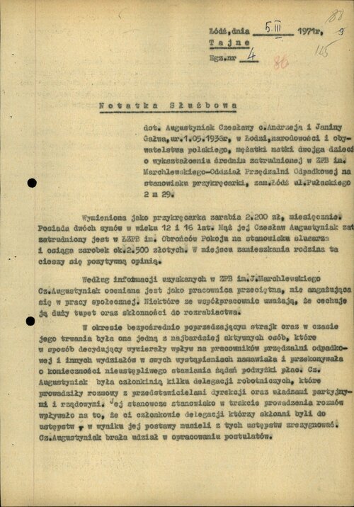 <i>Notatka służbowa</i> policji politycznej PRL na temat Czesławy Augustyniak, Łódź, 5 marca 1971 (s. 1). Z zasobu IPN