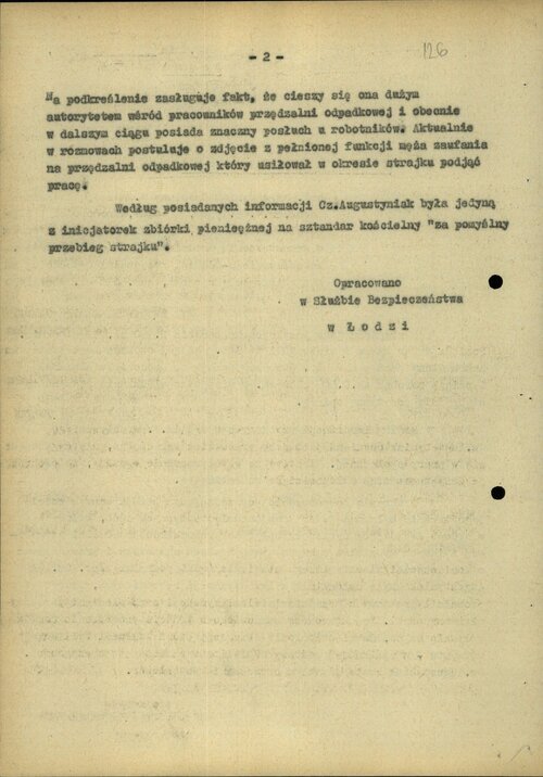 <i>Notatka służbowa</i> policji politycznej PRL na temat Czesławy Augustyniak, Łódź, 5 marca 1971 (s. 2). Z zasobu IPN