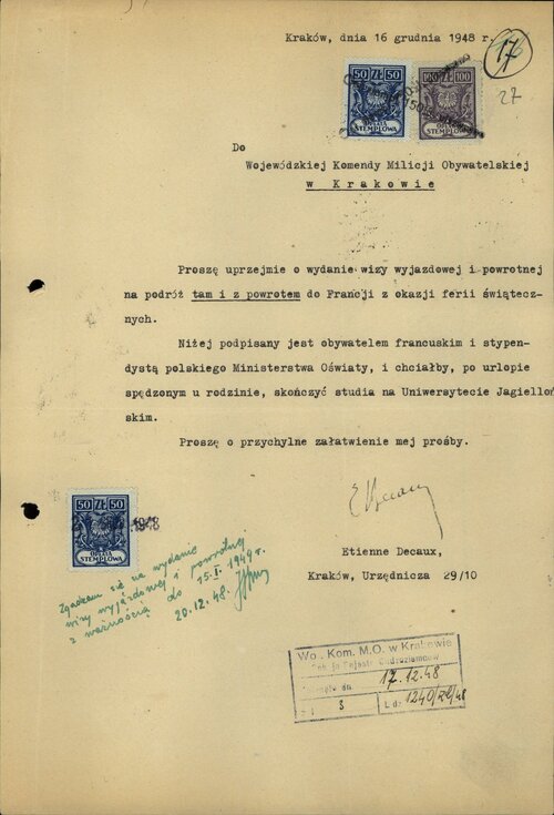 Wniosek Etienne`a Decaux do Wojewódzkiej Komendy MO w Krakowie o wydanie wizy na wyjazd do i powrót z Francji, 16 grudnia 1948. Z zasobu IPN