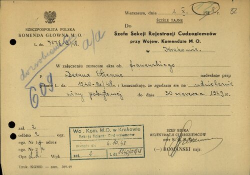 Jeden z dokumentów „obsługi” wizowej Etienne`a Decaux przez komunistyczną MO, 1 października 1948. Z zasobu IPN
