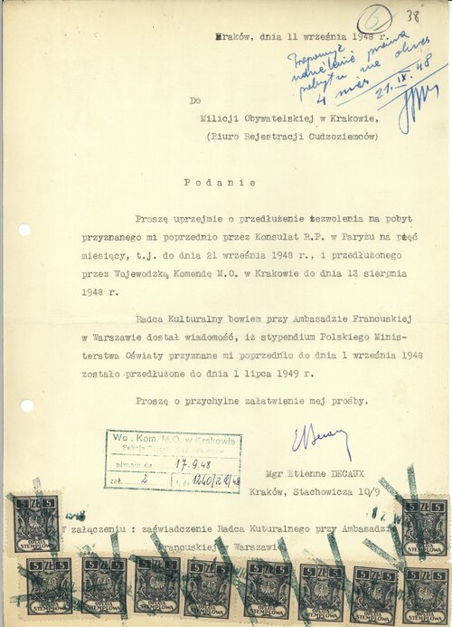 Podanie Etienne`a Decaux do <i>Milicji Obywatelskiej w Krakowie</i> o przedłużenie zezwolenia na jego pobyt w ówczesnej „RP”, 11 września 1948. Z zasobu IPN