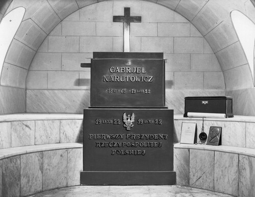 Krypta z sarkofagiem Prezydenta RP Gabriela Narutowicza w podziemiach Archikatedry Warszawskiej pw. Świętego Jana Chrzciciela. Zdjęcie z roku 1928. Ze zbiorów Narodowego Archiwum Cyfrowego