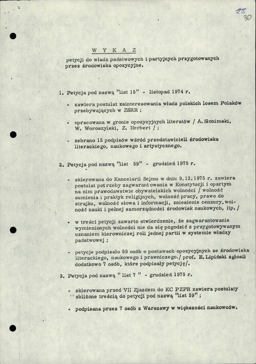 Sporządzony przez służby komunistyczne wykaz petycji skierowanych przez różne środowiska do władz PRL w reakcji na zmiany konstytucji tego „państwa” (s. 1). Z zasobu IPN