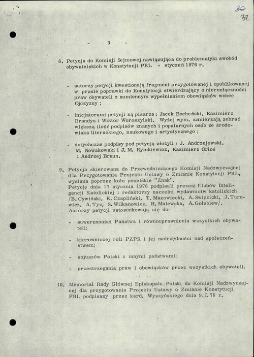 Sporządzony przez służby komunistyczne wykaz petycji skierowanych przez różne środowiska do władz PRL w reakcji na zmiany konstytucji tego „państwa” (s. 3). Z zasobu IPN