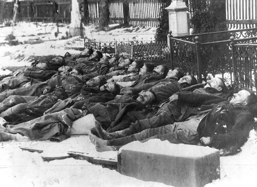 Zwłoki żołnierzy polskich poległych w bitwie pod Olbrachcicami. Ze zbiorów Narodowego Archiwum Cyfrowego