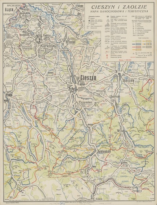 <i>Cieszyn i Zaolzie: mapa samochodowa i turystyczna</i>, Bronisław Stiasny, F. Machaczek, Cieszyn, 1939. Ze zbiorów cyfrowych Biblioteki Narodowej (polona.pl)