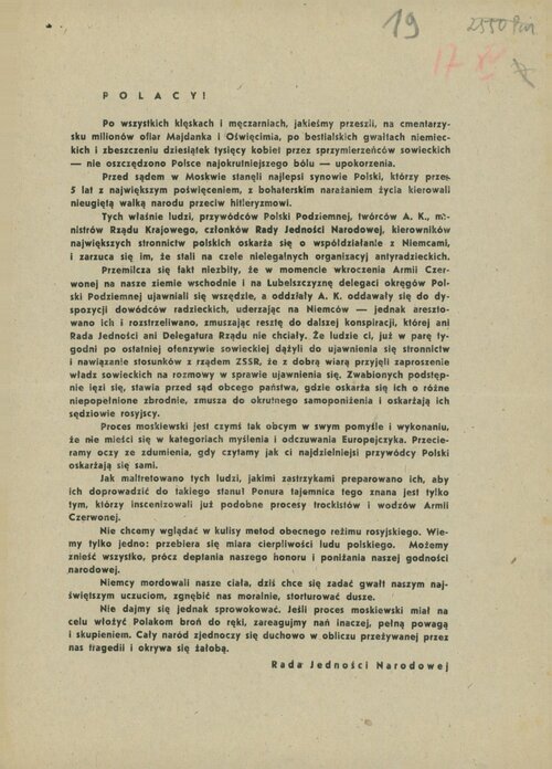 <i>Polacy!</i>, podpisana przez Radę Jedności Narodowej ulotka w sprawie tzw. procesu moskiewskiego 16 przywódców Polskiego Państwa Podziemnego, 1945. Z zasobu IPN