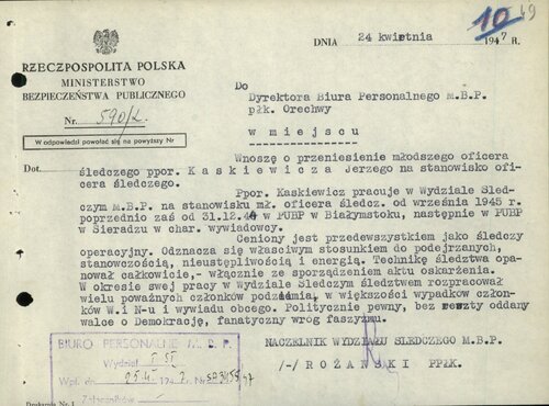 Dotyczący Jerzego Kaskiewicza wniosek awansowy podpisany przez ppłk. Józefa Goldberga-Różańskiego. Z zasobu IPN