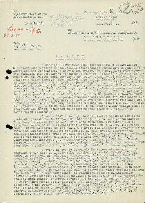 Sporządzony już w 1954 r. raport MBP na temat Wacława Alchimowicza, w „głównych rolach” m.in...   (s. 1). Z zasobu IPN