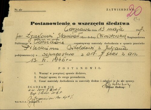 Sporządzone w MBP postanowienie o wszczęciu śledztwa przeciwko Witoldowi Pileckiemu. Z zasobu IPN