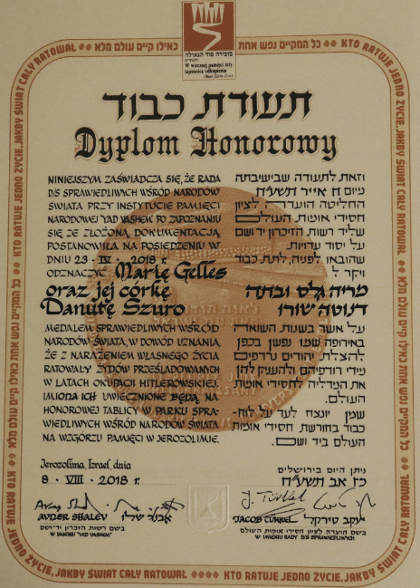 Dyplom Honorowy Sprawiedliwy wśród Narodów Świata przyznany Danucie Szuro (fot. ze zbiorów autora)