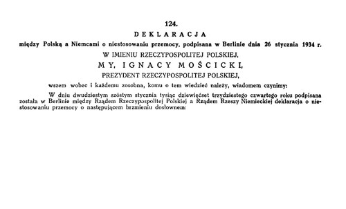 Obrazy stron z polskiego <i>Dziennika Ustaw</i> (1934 nr 16 poz. 124) z początkiem dokumentu <i>Deklaracji między...</i>