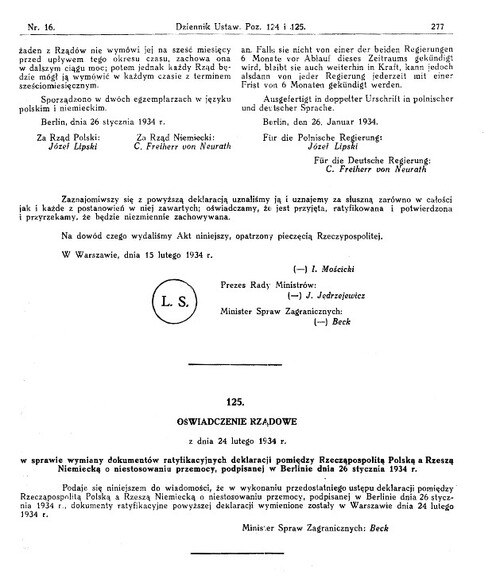 ...podpisanej w Berlinie 26 stycznia 1934 r. wraz z <i>Oświadczeniem rządowym z dnia 24 lutego 1934 r. w sprawie wymiany dokumentów ratyfikacyjnych...</i>