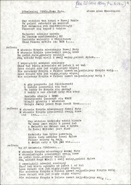 Tekst pieśni napisanej przez Adama Macedońskiego z okazji 20. rocznicy obrony nowohuckiego krzyża. Z zasobu IPN (z kolekcji Adama Macedońskiego)