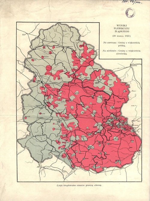 Mapa ukazująca wyniki plebiscytu liczone gminami (zbiory Archiwum Państwowego w Katowicach)
