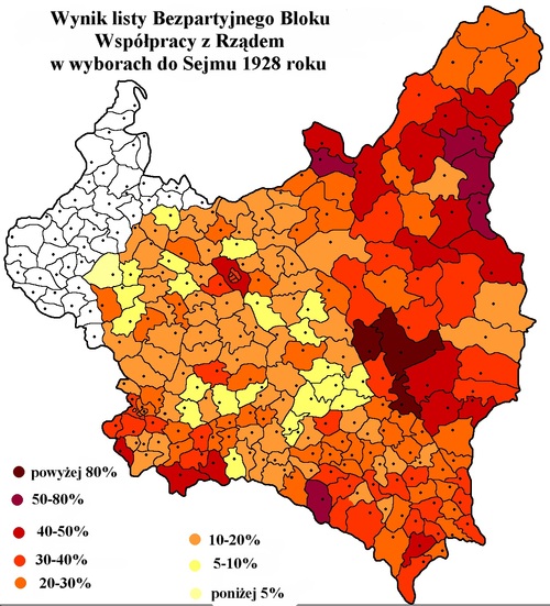 Wyniki uzyskane przez BBWR w wyborach z 1928 r.
