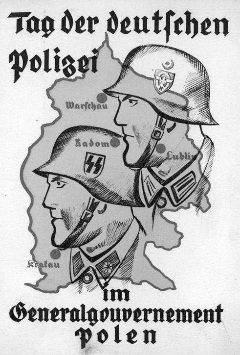 Pocztówka wydana z okazji dnia policji niemieckiej w Generalnym Gubernatorstwie, 1940. Ze zbiorów Narodowego Archiwum Cyfrowego