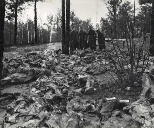 Zdjęcie ze zbioru fotokopii dotyczących Zbrodni Katyńskiej – ekshumacja zwłok polskich oficerów po odkryciu masowych grobów w Lesie Katyńskim w 1943 r.