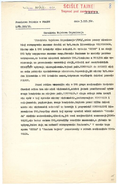 Raport Poselstwa Rzeczypospolitej Polskiej w Pradze na temat UWO z marca 1930 r. Dokument udostępniony dla Wikimedii Commons przez Instytut Józefa Piłsudskiego w Ameryce