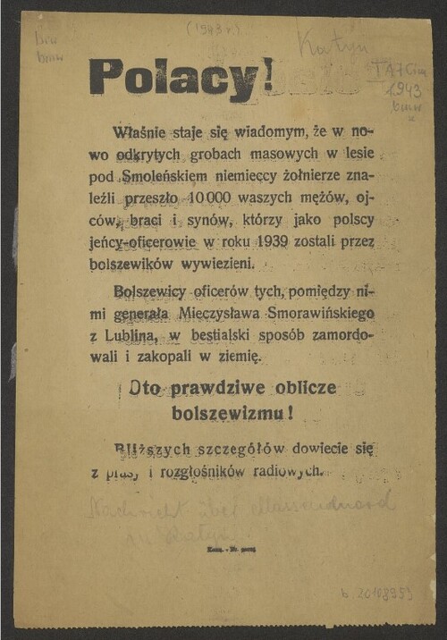 Polskojęzyczna ulotka niemiecka na temat Zbrodni Katyńskiej, 1943. Ze zbiorów cyfrowych Biblioteki Narodowej (polona.pl)