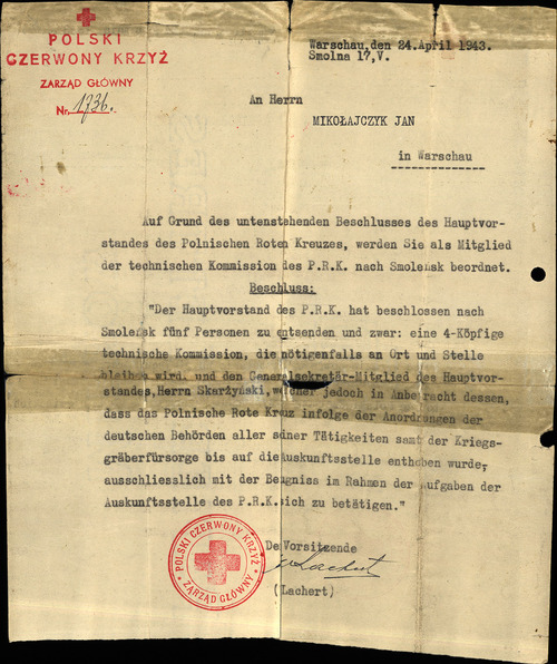Pismo PCK z 24 kwietnia 1943 r., w języku niemieckim, zawiadamiające Jana Mikołajczyka o delegowaniu go do prac w Katyniu... Z zasobu IPN