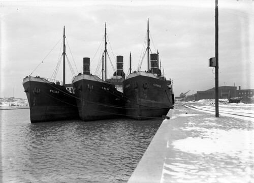 Polskie węglowce: s/s „Katowice”, s/s „Toruń” i s/s „Wilno” cumują przy nabrzeżu portu morskiego w Gdyni, grudzień 1933
