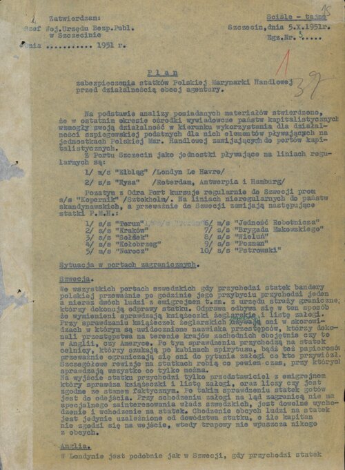 Strona pierwsza Planu zabezpieczenia statków Polskiej Marynarki Handlowej przed działalnością obcej agentury, dokument WUBP w Szczecinie z 5 października 1951