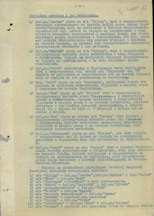 Strona czwarta Planu zabezpieczenia statków Polskiej Marynarki Handlowej przed działalnością obcej agentury, dokument WUBP w Szczecinie z 5 października 1951